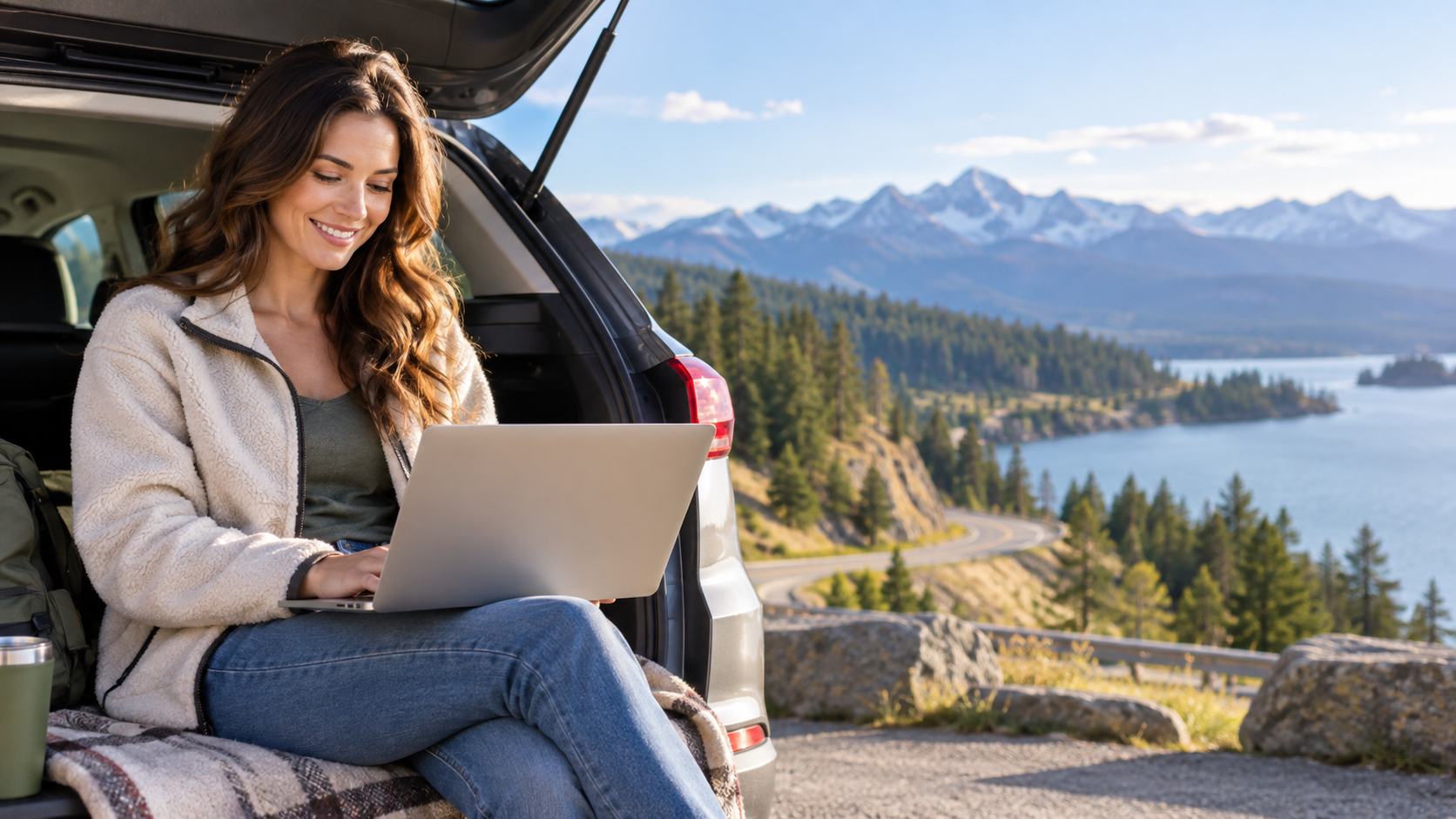 Student learning online near Idaho mountain roads